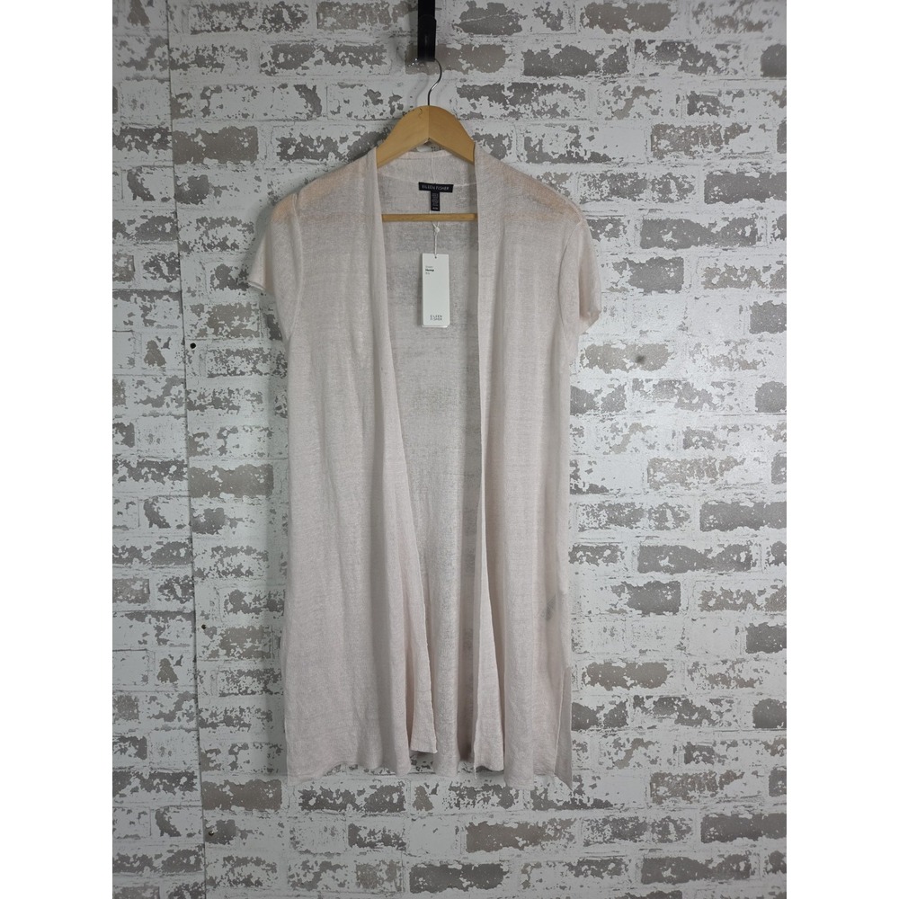 Eileen Fisher Cardigan Medium Beige Short Sleeve Lightweight Italian Yarn